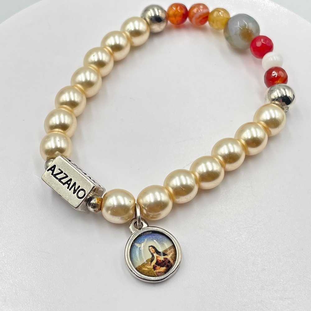Vintage Azzano Faux Pearl Colorful Agate Beaded Stretch Charm Bracelet Y2K